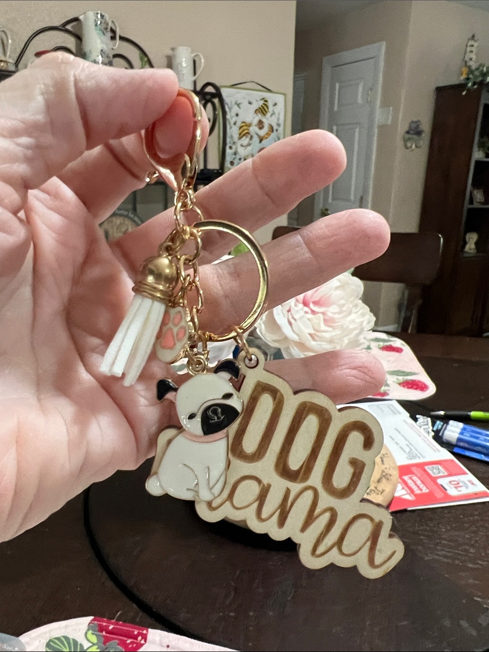 New Gold & White Dog Mama Keychain with Pug Charm - Unbranded